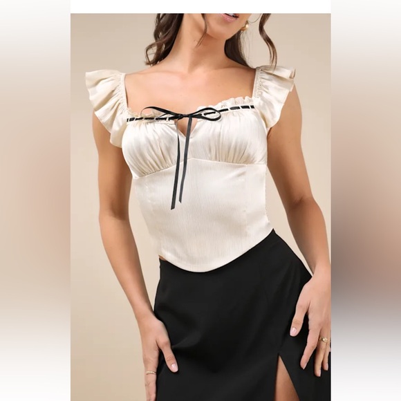 Lulus Radiating Elegance Champagne Crinkle Satin Flutter Sleeve Top Beige - Picture 5 of 8